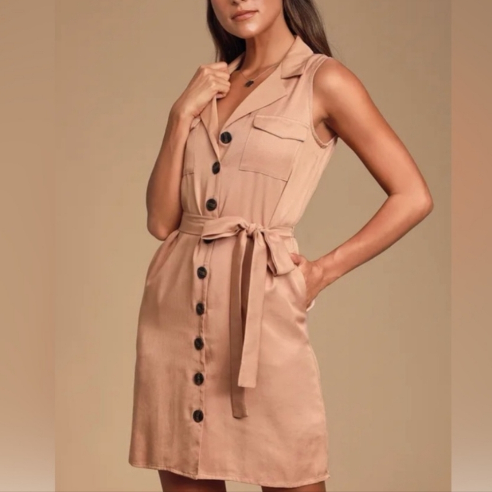 Lulus Tenino Blush Sleeveless Button Up Shirt Dress